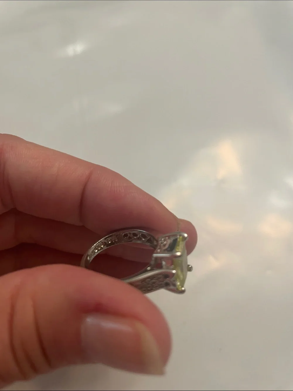 Lia Sophia Silver Ring with Square Lemon-Green Stone